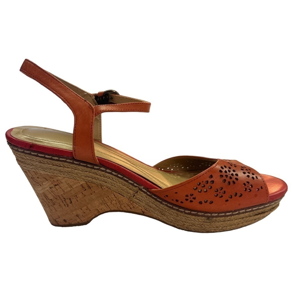 Naturalizer Lailah Coral Laser Cut Cork Wedge Strap 3.5” Heel Sandal 9 NARROW
